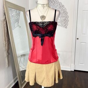 Ambrielle Early 2000's Romantic Goth Red Satin Black Velvet Lace Corset Top S